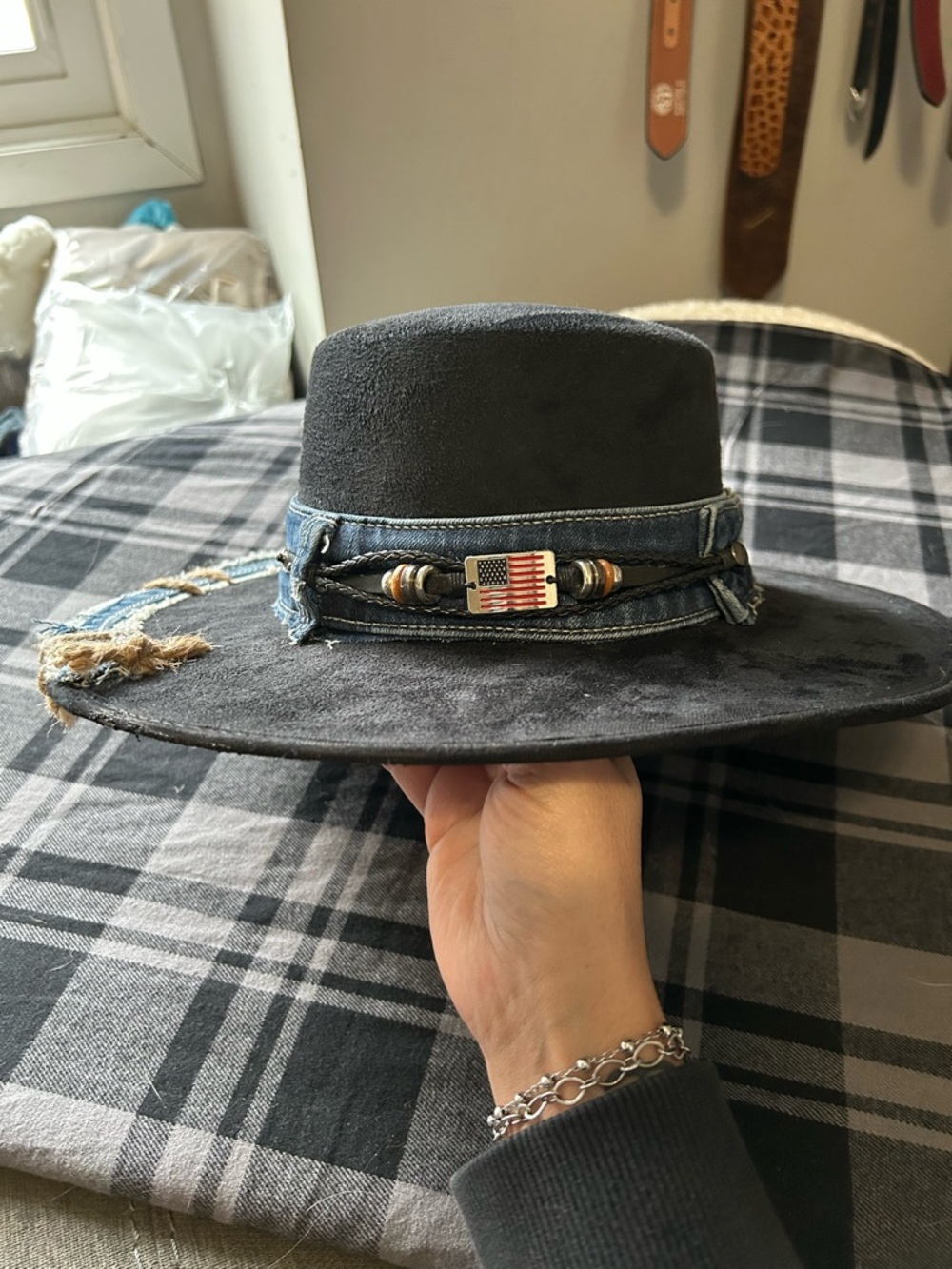 Black Cordobe’s Fedora Hat with Denim Band and offset American Flag MEDIUM